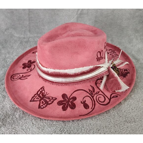Womens Cowgirl Hat Medium Pink Felt Butterfly Bee Floral Burnt Painted Western - Picture 2 of 14